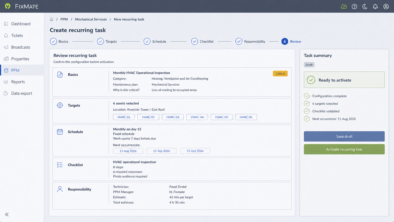 The FixMate PPM interface showing the six-step Create recurring task wizard on its Review step. Basics, targets, schedule, checklist and responsibility are each summarised, with six HVAC assets selected and a Task summary panel reading Ready to activate.